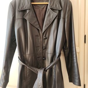 Elegant Black Leather Women's Trench Coat